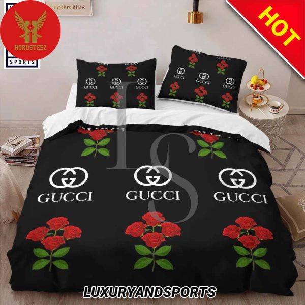 Gucci Roses Fashion Logo Premium Luxury Brand Bedding Set