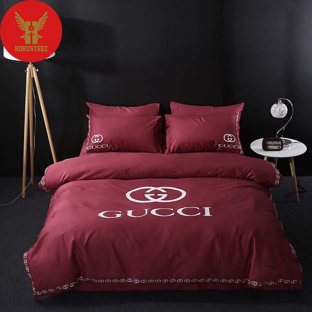 Gucci White Logo Red Background Luxury Brand Bedspread Duvet Cover Set Bedding Set