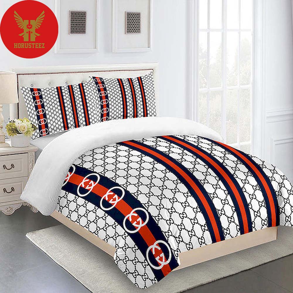 Gucci White Logo White Background Red And Black Stripe Luxury Brand High-End Bedding Set