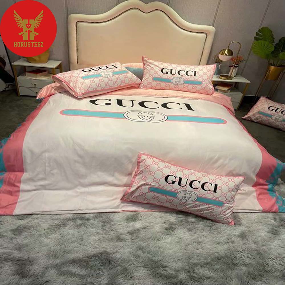 Gucci White Pink Luxury Brand Bedspread Duvet Cover Set Home Decor Bedding Set