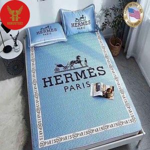 Hermes Black Logo Blue Background White Border  Duvet Cover Bedroom Luxury Brand Bedding Bedroom Bedding Sets