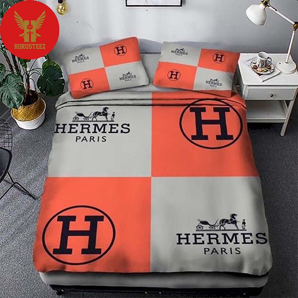 Hermes Black Logo Gray And Light Orange  Duvet Cover Bedroom Luxury Brand Bedding Bedroom Bedding Sets
