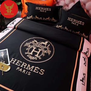 Hermes Black Premium Logo Luxury Brand Bedding Set