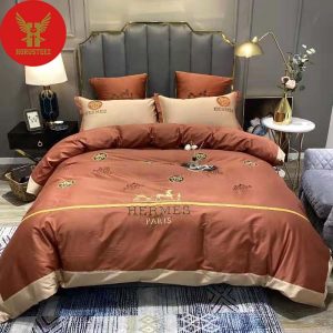 Hermes Brown Background White Pillow Luxury Brand High-End Bedding Set