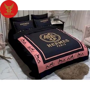 Hermes Gold Logo Pink Border Duvet Cover Bedroom Luxury Brand Bedding Bedroom Bedding Sets