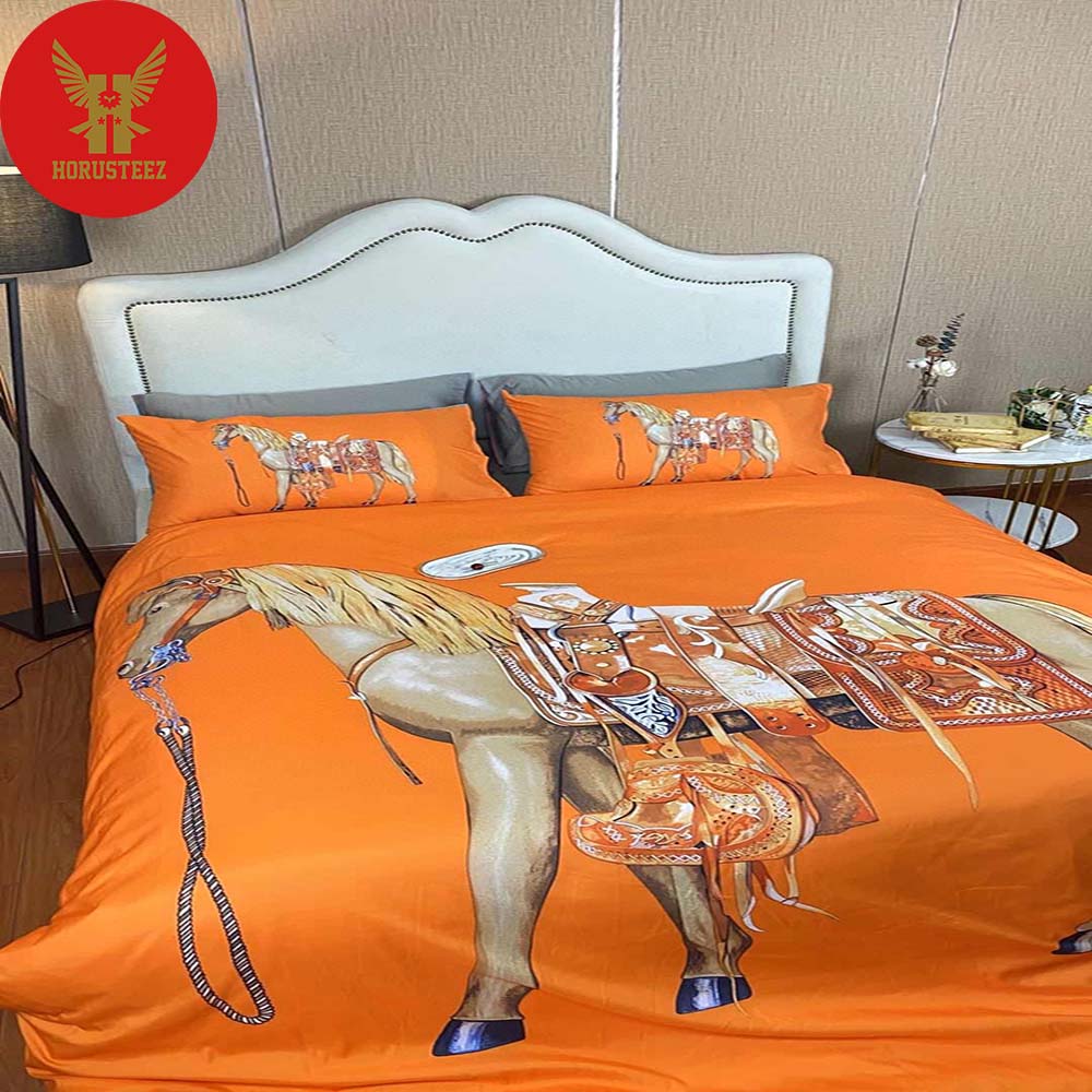Hermes Paris Big Horse Orange Background Luxury Brand Type Bedding Sets Duvet Cover Bedroom Sets