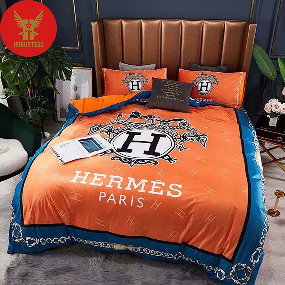Hermes Paris Black And White Logo Orange Background Blue Border Luxury Brand Type Bedding Sets