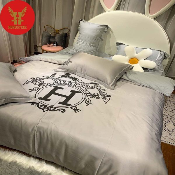 Hermes Paris Black Logo Gray Background Luxury Brand Type Bedding Sets Duvet Cover Bedroom Sets