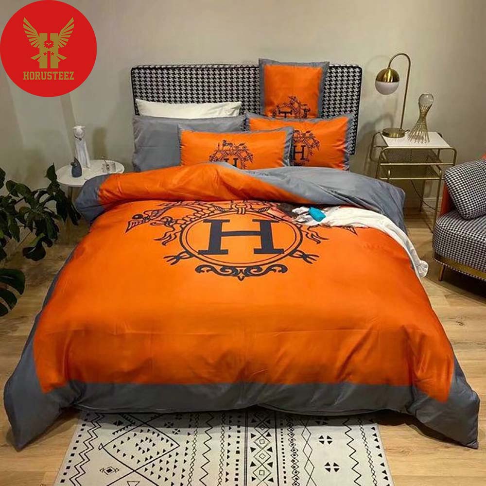 Hermes Paris Black Logo In Orange Pillow Luxury Brand Type Bedding Sets