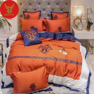 Hermes Paris Black Logo Orange Background Orange Pillow Luxury Brand Type Bedding Sets