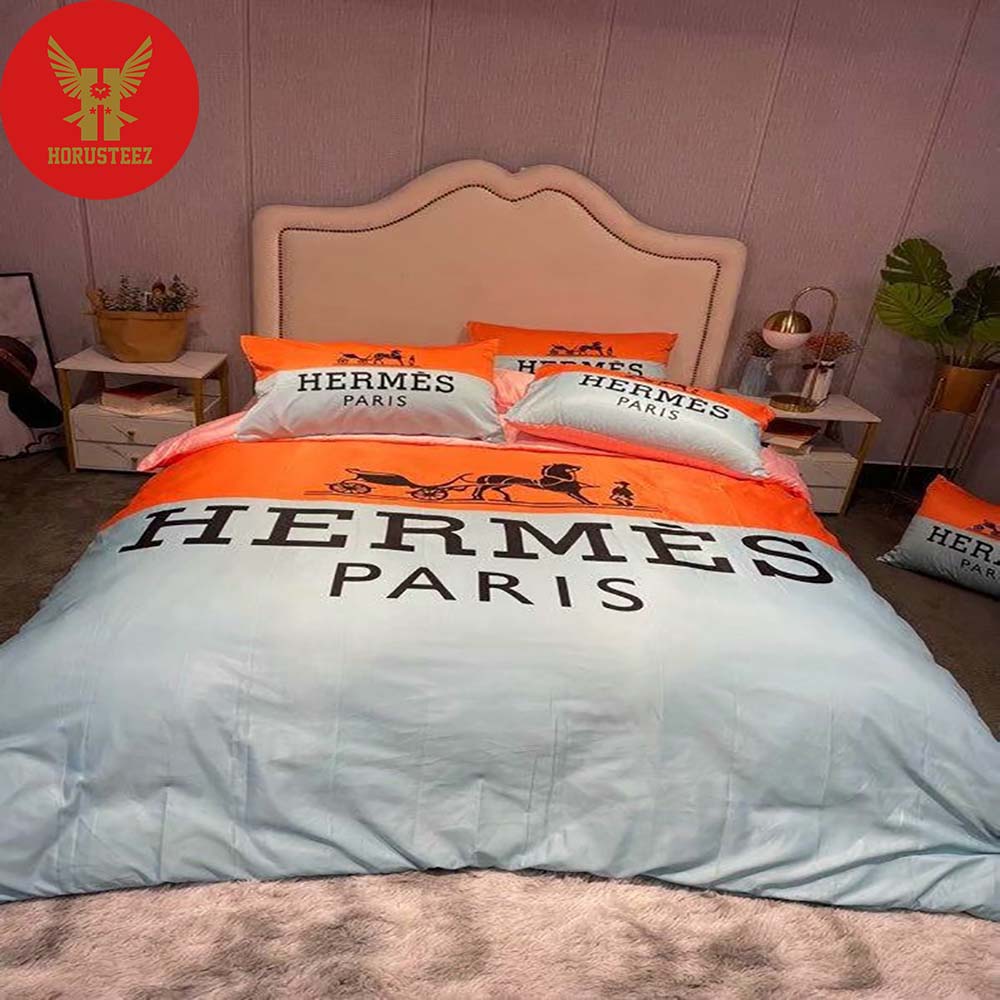 Hermes Paris Black Logo White And Orange Background Luxury Brand Type Bedding Sets
