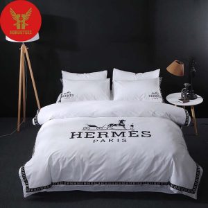 Hermes Paris Black Logo White Back Ground Small Logo In White Pillow Luxury Brand Type Bedding Sets