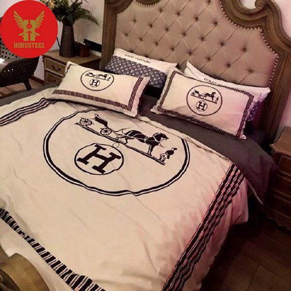 Hermes Paris Black Logo White Background White Pillow Luxury Brand Type Bedding Sets