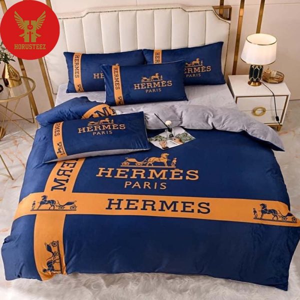 Hermes Paris Blue Background Luxury Brand High-End Bedding Set