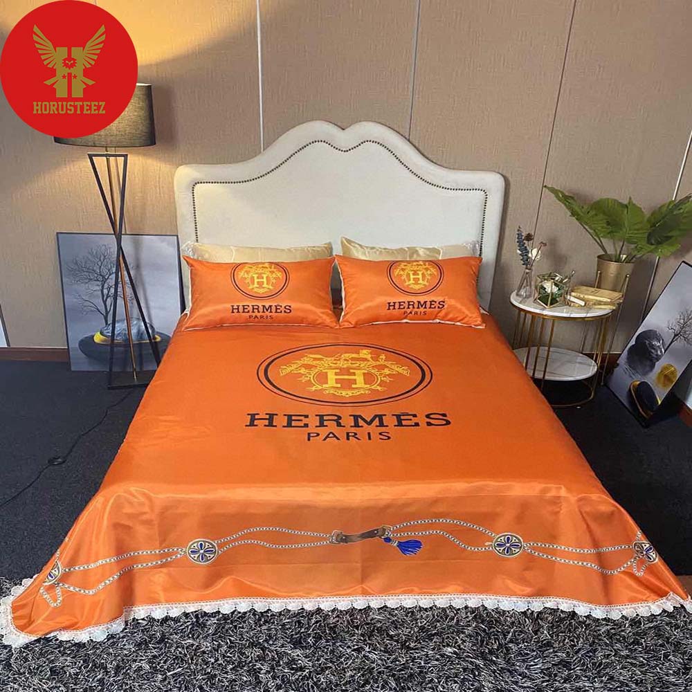 Hermes Paris Gold And Black Logo Orange Background Luxury Brand Type Bedding Sets