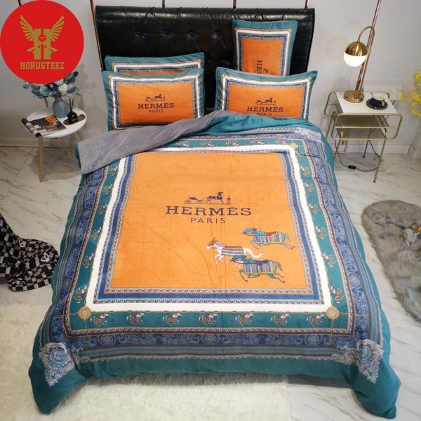 Hermes Paris Horse Orange Background Blue Border Luxury Brand Type Bedding Sets