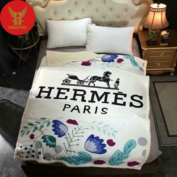 Hermes Paris Logo And Flower White Background Luxury Brand Type Bedding Sets