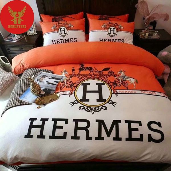 Hermes Paris White And Orange Duvet And Pillow Luxury Brand Type Bedding Sets