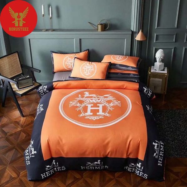 Hermes Paris White Logo Orange Background Orang Pillow Luxury Brand Type Bedding Sets