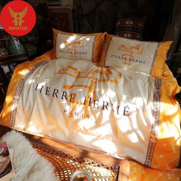 Hermes Pierre Orange Logo White Background Black Orange Border Luxury Brand Type Bedding Sets