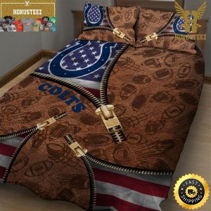 Indianapolis Colts NFL American Flag Leather Pattern King And Queen Luxury Bedding Set