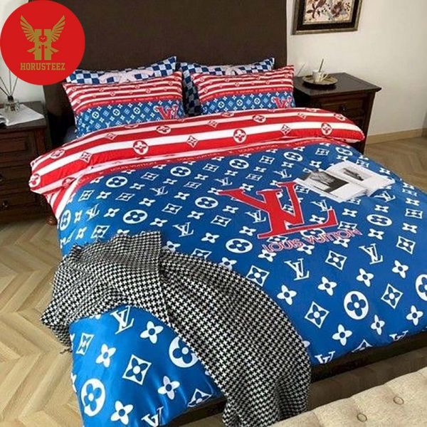 Loius Vuiton Red Logo White Pattern Blue Pillow And Duvet Bedding Sets