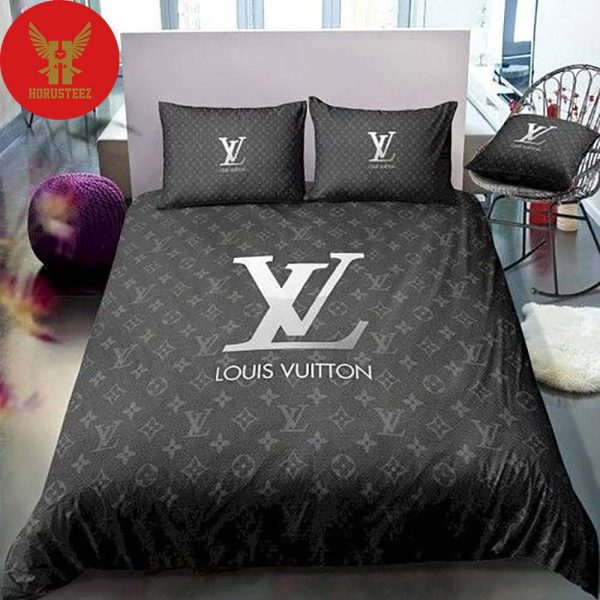 Louis Vuiton White Logo Black Duvet And Pillow Bedroom Luxury Brand Bedding Bedding Sets