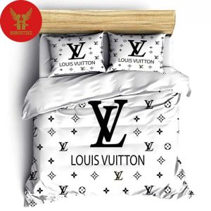 Louis Vuitton Black Big And Small Logo White Background Luxury Brand High-End Bedding Set