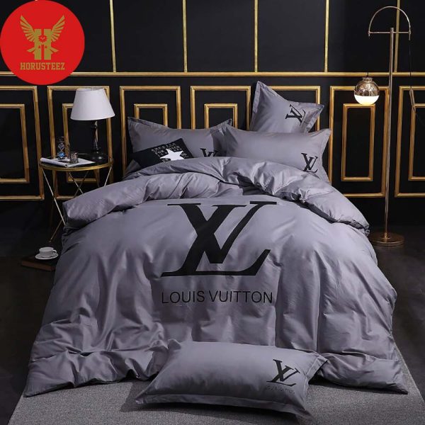 Louis Vuitton Black Logo Gray Background Luxury Brand High-End Bedding Set