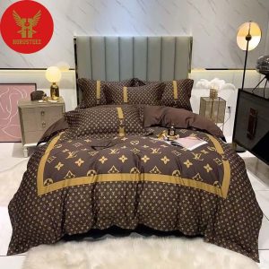 Louis Vuitton Gold Logo Brown Logo Luxury Brand Bedspread Duvet Cover Set Home Decor Bedding Set