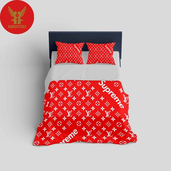 Louis Vuitton, Louis Vuitton Bedding Set Supreme Red Logo Fashion Luxury Brand Merchandise Bedding Set