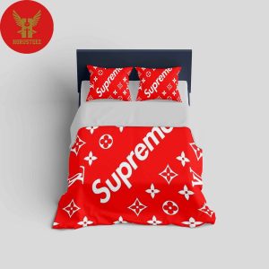 Louis Vuitton, Louis Vuitton Bedding Set Supreme Red Logo Fashion Luxury Brand Merchandise Premium Bedding Set