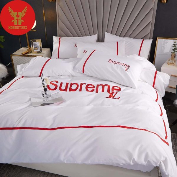 Louis Vuitton, Louis Vuitton Bedding Set Supreme White Fashion Luxury Brand Merchandise Bedding Set