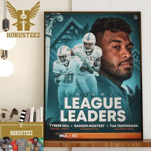 Miami Dolphins League Leaders With Tyreek Hill Raheem Mostert And Tua Tagovailoa Wall Decor Poster Canvas