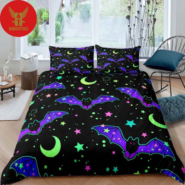 Moon Stars And Bat 90s Neon Halloween Bedding Hippie Retro Bedding Set