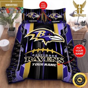 NFL Baltimore Ravens Custom Name Black Purple King And Queen Luxury Bedding Set