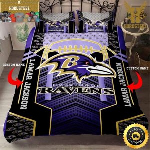 NFL Baltimore Ravens Custom Name Purple Black King And Queen Luxury Bedding Set