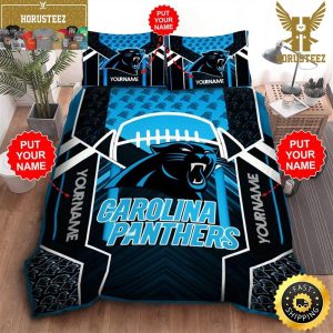 NFL Carolina Panthers Custom Name Black Blue King And Queen Luxury Bedding Set