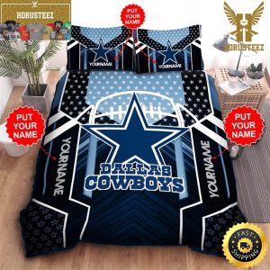 NFL Dallas Cowboys Custom Name Black Light Blue King And Queen Luxury Bedding Set