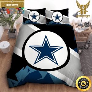 NFL Dallas Cowboys Grey Black Blue Logo Center King And Queen Luxury Bedding Set
