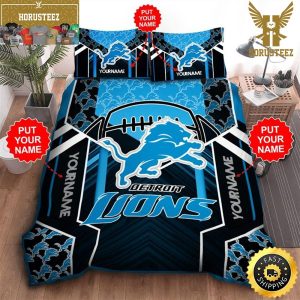 NFL Detroit Lions Custom Name Black Blue King And Queen Luxury Bedding Set