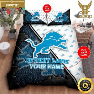 NFL Detroit Lions Custom Name Blue White King And Queen Luxury Bedding Set