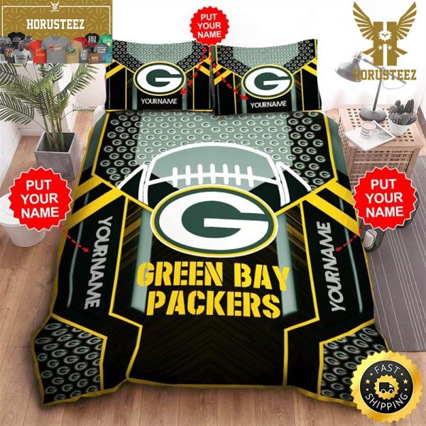 NFL Green Bay Packers Custom Name Big Logo Ball King And Queen Luxury Bedding Set