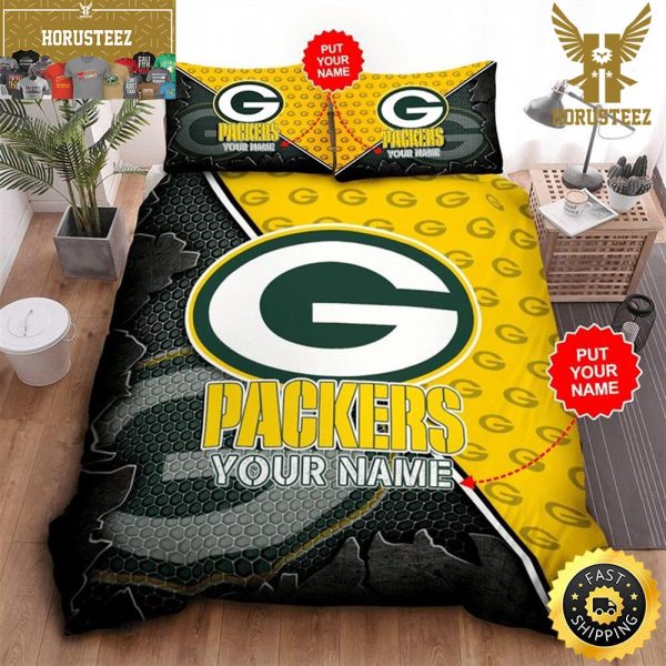 NFL Green Bay Packers Custom Name Green Yellow King And Queen Luxury Bedding Set