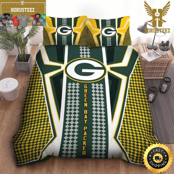 NFL Green Bay Packers Yellow Green Big Logo King And Queen Luxury Bedding Set