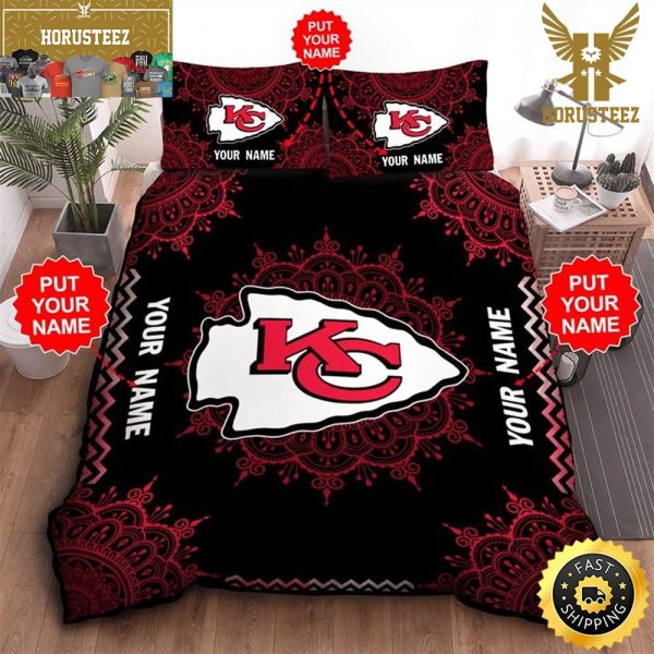 NFL Kansas City Chiefs Custom Name Black Red Luxury Bedding Set