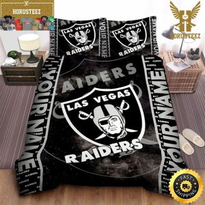 NFL Las Vegas Raiders Custom Name Black Silver King And Queen Luxury Bedding Set