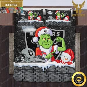 NFL Las Vegas Raiders The Grinch Christmas King And Queen Luxury Bedding Set
