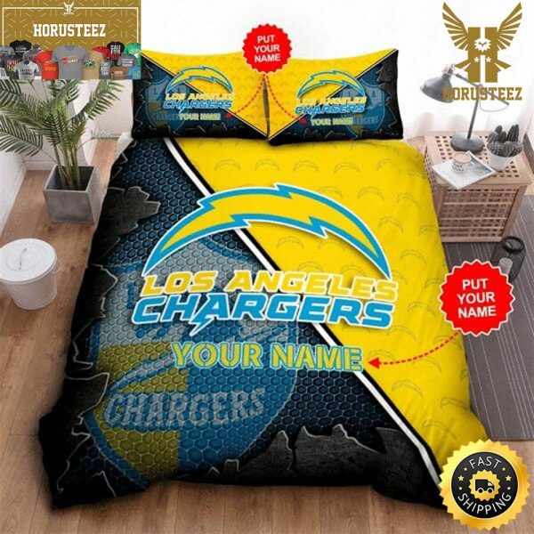 NFL Los Angeles Chargers Custom Name Gold Blue King And Queen Luxury Bedding Set