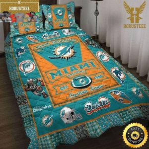 NFL Miami Dolphins Custom Name Aqua Orange Est 1966 King And Queen Luxury Bedding Set